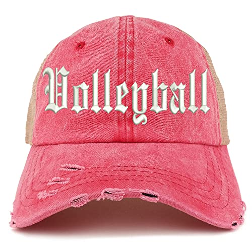 Trendy Apparel Shop Old English Volleyball Frayed Bill Trucker Mesh Back Cap