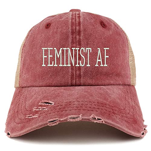 Trendy Apparel Shop Feminist AF Embroidered Frayed Bill Trucker Mesh Back Cap