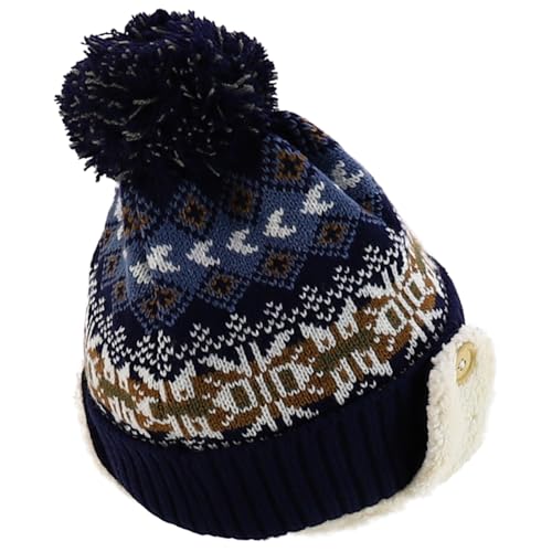 Trendy Apparel Shop Youth Size Kid's Warm Acrylic Brim Knit Winter Print Trapper Hat with Pom Pom