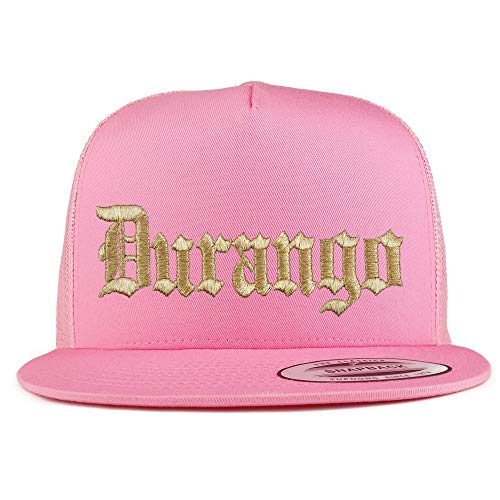 Trendy Apparel Shop Old English Durango Gold Embroidered 5 Panel Flatbill Trucker Mesh Cap