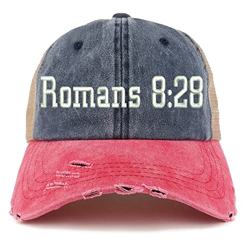 Trendy Apparel Shop Romans 8:28 Frayed Bill Trucker Mesh Back Cap