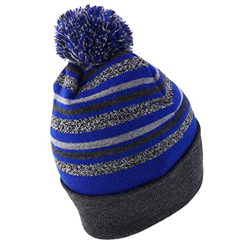 Trendy Apparel Shop Made in USA Striped Variegated Yarn Pom Pom Long Cuff Beanie