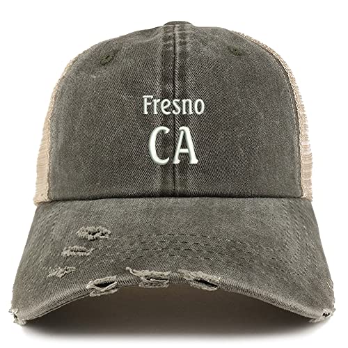 Trendy Apparel Shop Fresno CA Embroidered Frayed Bill Trucker Mesh Back Cap