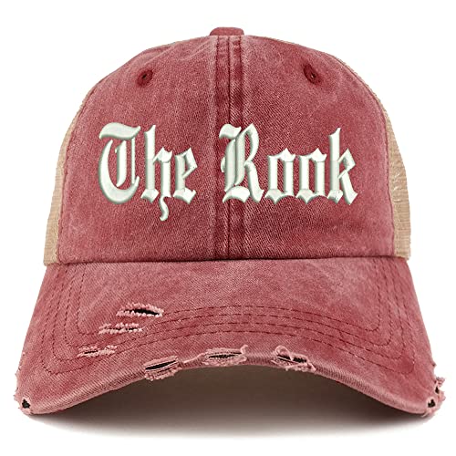 Trendy Apparel Shop The Rook Old English Embroidered Frayed Bill Trucker Mesh Back Cap