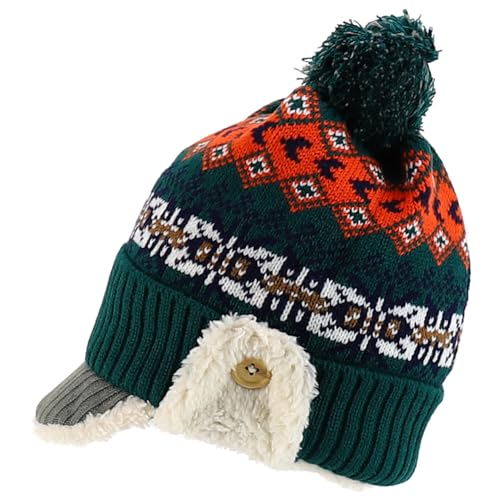 Trendy Apparel Shop Youth Size Kid's Warm Acrylic Brim Knit Winter Print Trapper Hat with Pom Pom