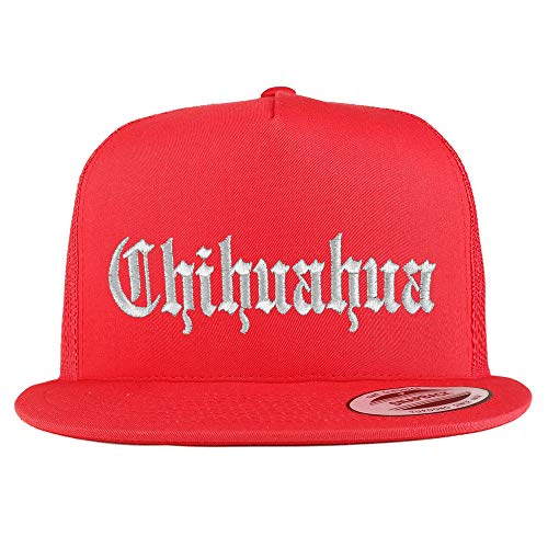 Trendy Apparel Shop Old English Chihuahua White Embroidered 5 Panel Flatbill Trucker Mesh Cap