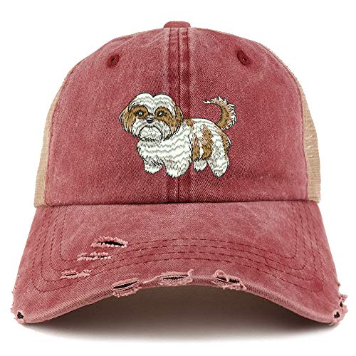 Trendy Apparel Shop Shih Tzu Dog Embroidered Frayed Bill Trucker Mesh Back Cap