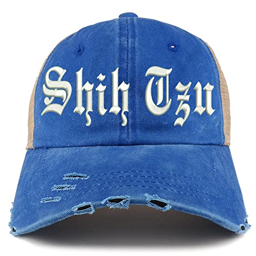 Trendy Apparel Shop Old English Shih Tzu Frayed Bill Trucker Mesh Back Cap