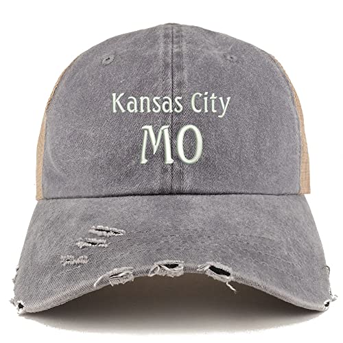 Trendy Apparel Shop Kansas City MO Embroidered Frayed Bill Trucker Mesh Back Cap