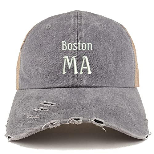 Trendy Apparel Shop Boston MA Embroidered Frayed Bill Trucker Mesh Back Cap