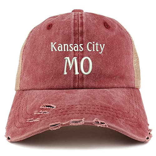 Trendy Apparel Shop Kansas City MO Embroidered Frayed Bill Trucker Mesh Back Cap