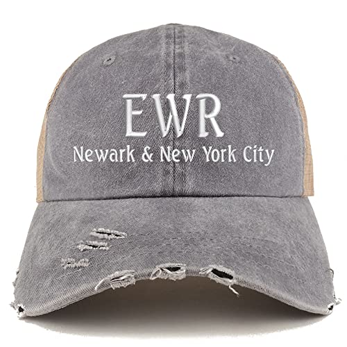 Trendy Apparel Shop EWR Newark and New York City Embroidered Frayed Bill Trucker Mesh Back Cap