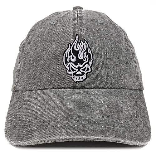 Trendy Apparel Shop Flame Black White Skull Patch Pigment Dyed Washed Baseball Cap
