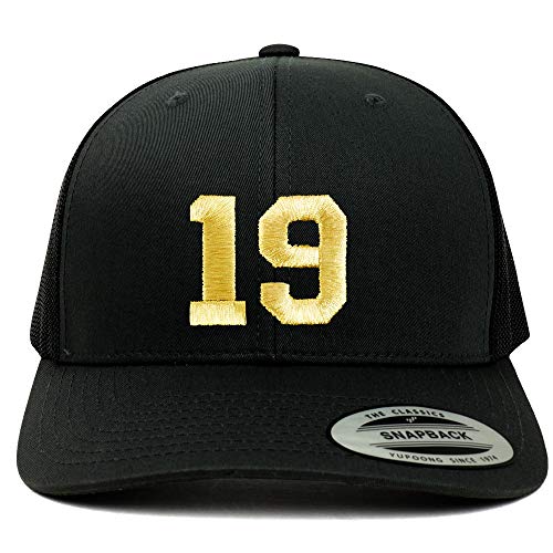 Trendy Apparel Shop Number 19 Gold Thread Embroidered Retro Trucker Mesh Cap