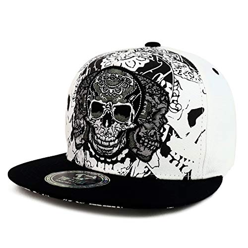 Trendy Apparel Shop Three Skull Embroidered 5 Panel Flatbill Snapback Hat