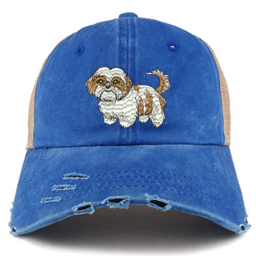 Trendy Apparel Shop Shih Tzu Dog Embroidered Frayed Bill Trucker Mesh Back Cap