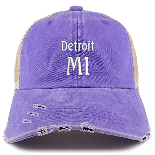 Trendy Apparel Shop Detroit MI Embroidered Frayed Bill Trucker Mesh Back Cap