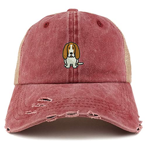 Trendy Apparel Shop Basset Hound Dog Embroidered Frayed Bill Trucker Mesh Back Cap