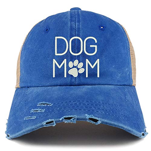 Trendy Apparel Shop Dog Mom with Paw Embroidered Frayed Bill Trucker Mesh Back Cap