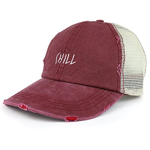 Trendy Apparel Shop Chill Embroidered Unstructured Washed Frayed Trucker Mesh Cap