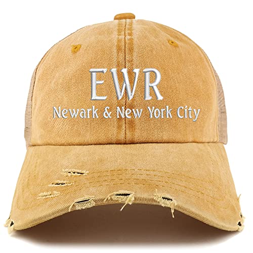 Trendy Apparel Shop EWR Newark and New York City Embroidered Frayed Bill Trucker Mesh Back Cap
