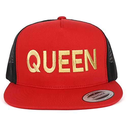 Trendy Apparel Shop Queen Gold Embroidered 5 Panel Flat Bill 2-Tone Mesh Cap