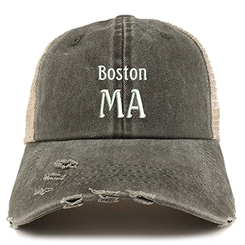 Trendy Apparel Shop Boston MA Embroidered Frayed Bill Trucker Mesh Back Cap