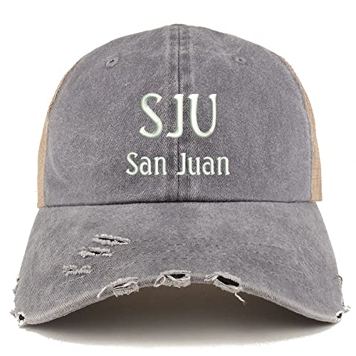 Trendy Apparel Shop SJU San Juan Embroidered Frayed Bill Trucker Mesh Back Cap