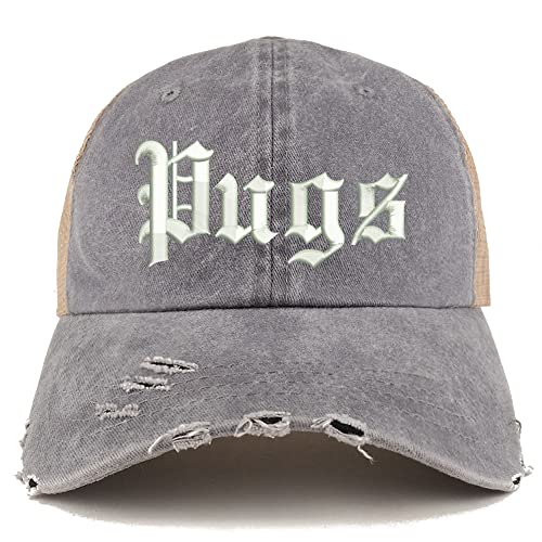 Trendy Apparel Shop Old English Pugs Frayed Bill Trucker Mesh Back Cap
