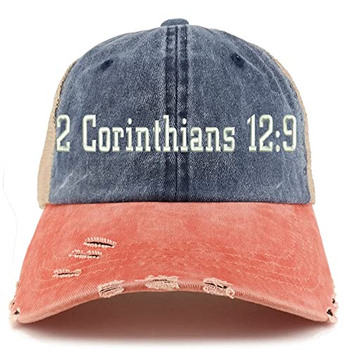 Trendy Apparel Shop 2 Corinthians 12:9 Frayed Bill Trucker Mesh Back Cap