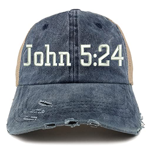 Trendy Apparel Shop John 5:24 Frayed Bill Trucker Mesh Back Cap