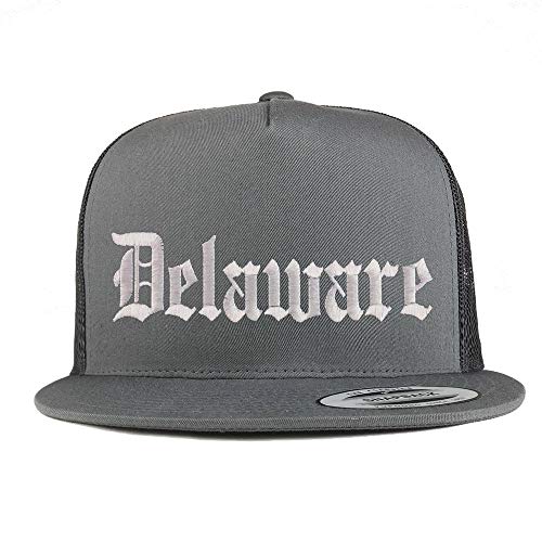Trendy Apparel Shop Delaware State Old English 5 Panel Flatbill Trucker Mesh Cap