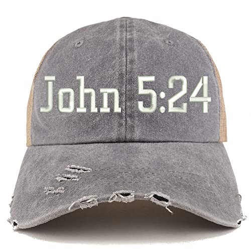 Trendy Apparel Shop John 5:24 Frayed Bill Trucker Mesh Back Cap