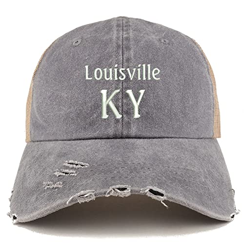 Trendy Apparel Shop Louisville KY Embroidered Frayed Bill Trucker Mesh Back Cap