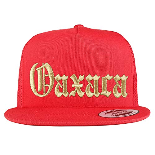 Trendy Apparel Shop Old English Oaxaca Gold Embroidered 5 Panel Flatbill Trucker Mesh Cap