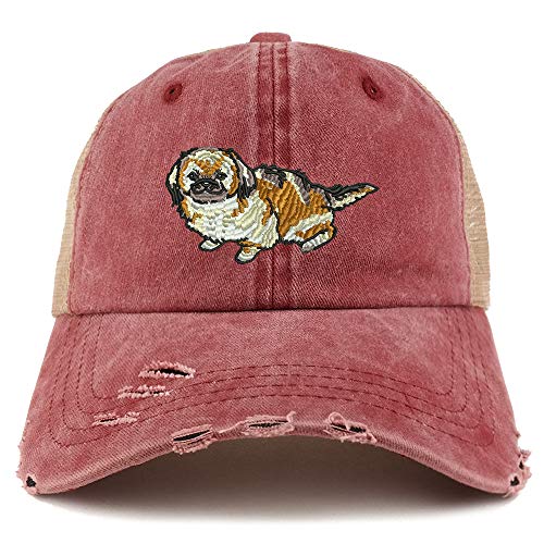 Trendy Apparel Shop Pekingese Dog Embroidered Frayed Bill Trucker Mesh Back Cap