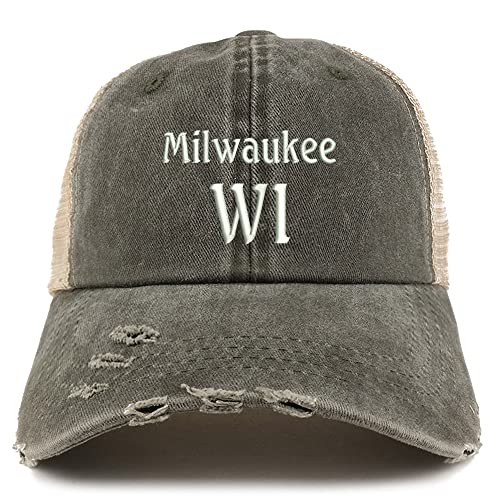 Trendy Apparel Shop Milwaukee WI Embroidered Frayed Bill Trucker Mesh Back Cap