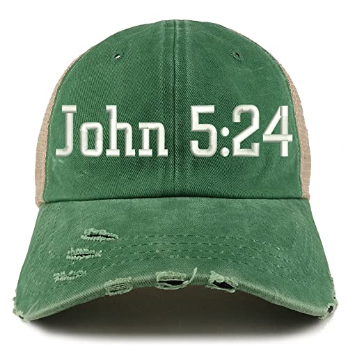 Trendy Apparel Shop John 5:24 Frayed Bill Trucker Mesh Back Cap