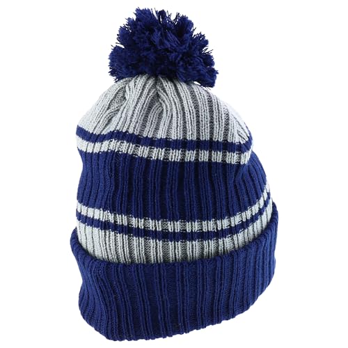 Trendy Apparel Shop Stripe Pattern Ribbed Knit Cuff Long Beanie with Pom Pom