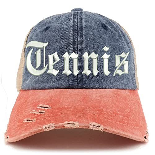 Trendy Apparel Shop Old English Tennis Frayed Bill Trucker Mesh Back Cap