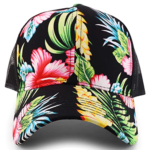 Trendy Apparel Shop Tropical Flower Hibiscus Pattern Print Trucker Mesh Ball Cap