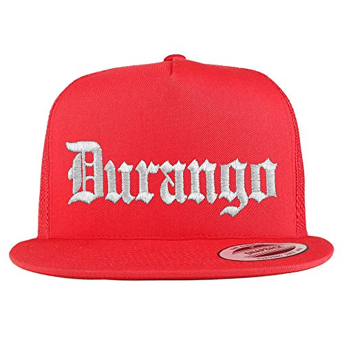 Trendy Apparel Shop Old English Durango White Embroidered 5 Panel Flatbill Trucker Mesh Cap