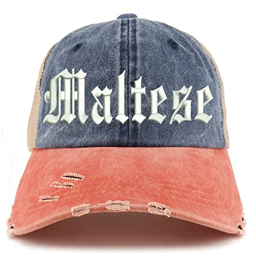 Trendy Apparel Shop Old English Maltese Frayed Bill Trucker Mesh Back Cap