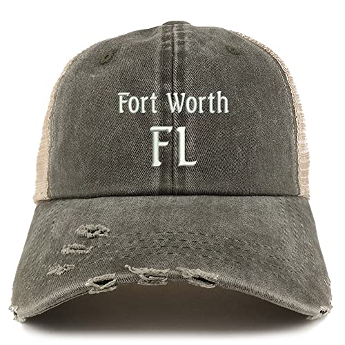 Trendy Apparel Shop Fort Worth FL Embroidered Frayed Bill Trucker Mesh Back Cap