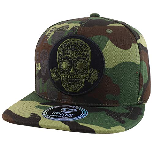 Trendy Apparel Shop Circular Skull Patch Embroidered Flatbill Snapback Baseball Cap