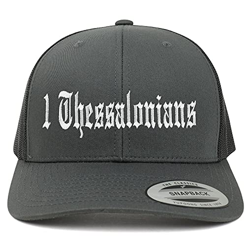 Trendy Apparel Shop 1 Thessalonians Old English 6 Panel Trucker Mesh Cap
