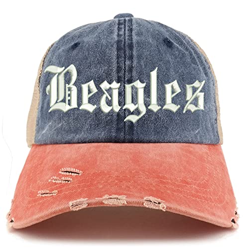 Trendy Apparel Shop Old English Beagles Frayed Bill Trucker Mesh Back Cap