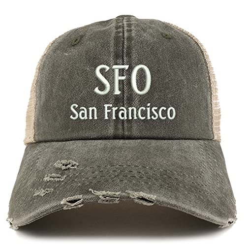 Trendy Apparel Shop SFO San Francisco Embroidered Frayed Bill Trucker Mesh Back Cap