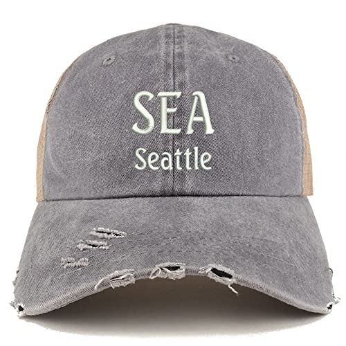 Trendy Apparel Shop SEA Seattle Embroidered Frayed Bill Trucker Mesh Back Cap