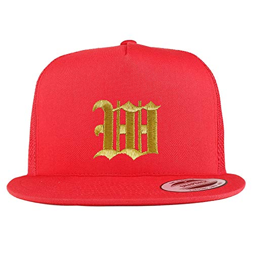 Trendy Apparel Shop Old English Gold W Embroidered 5 Panel Flatbill Trucker Mesh Cap